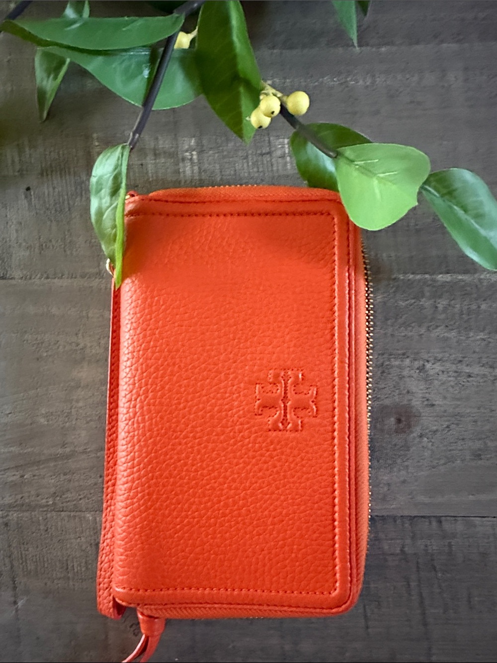 Tory Burch Orange Pebbled Leather Zip Phone Wallet